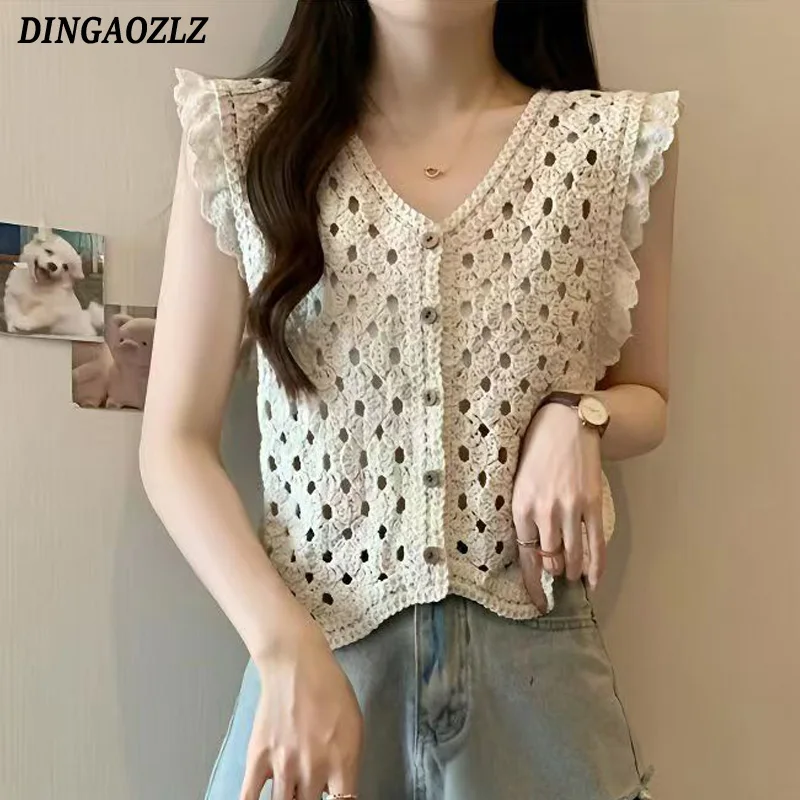 

2025 New Korean V-neck Flying Sleeve Knitted Shirt For Women Hook Flower Hollow Blouse Patchwork Lace Tops