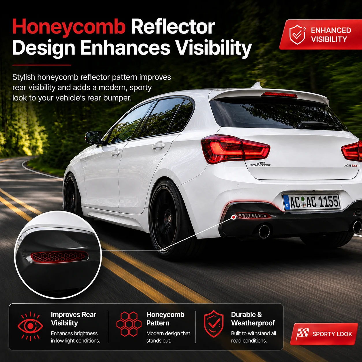 Rear Bumper Reflector Honeycomb Insert Set Gloss Black For BMW 1 Series F20 F21 LCI Urban Line M Sport 2016-2019