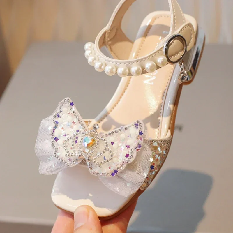 Girls Children's Shoes Summer New Soft soled Princess Shoes Water Diamond Western Style Little Open toed Bow Girls' Shoes