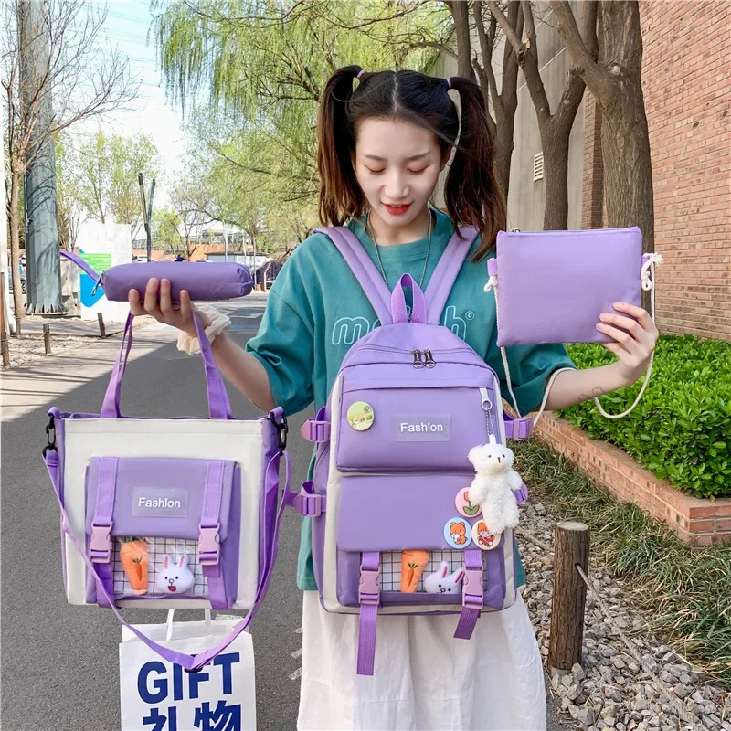 4pcs Set School Bag For Girls Multifunctional Student Book Bags Large Capacity Teen Girl Schoolbag Badge Kawaii Backpack Women