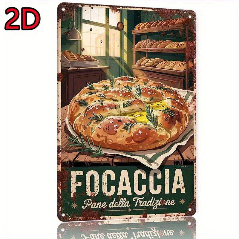 Letrero Metálico Plano 2D Vintage de Pan Focaccia Italiano 12x8, Decoración Rústica de Cocina con Romero y Aceitunas