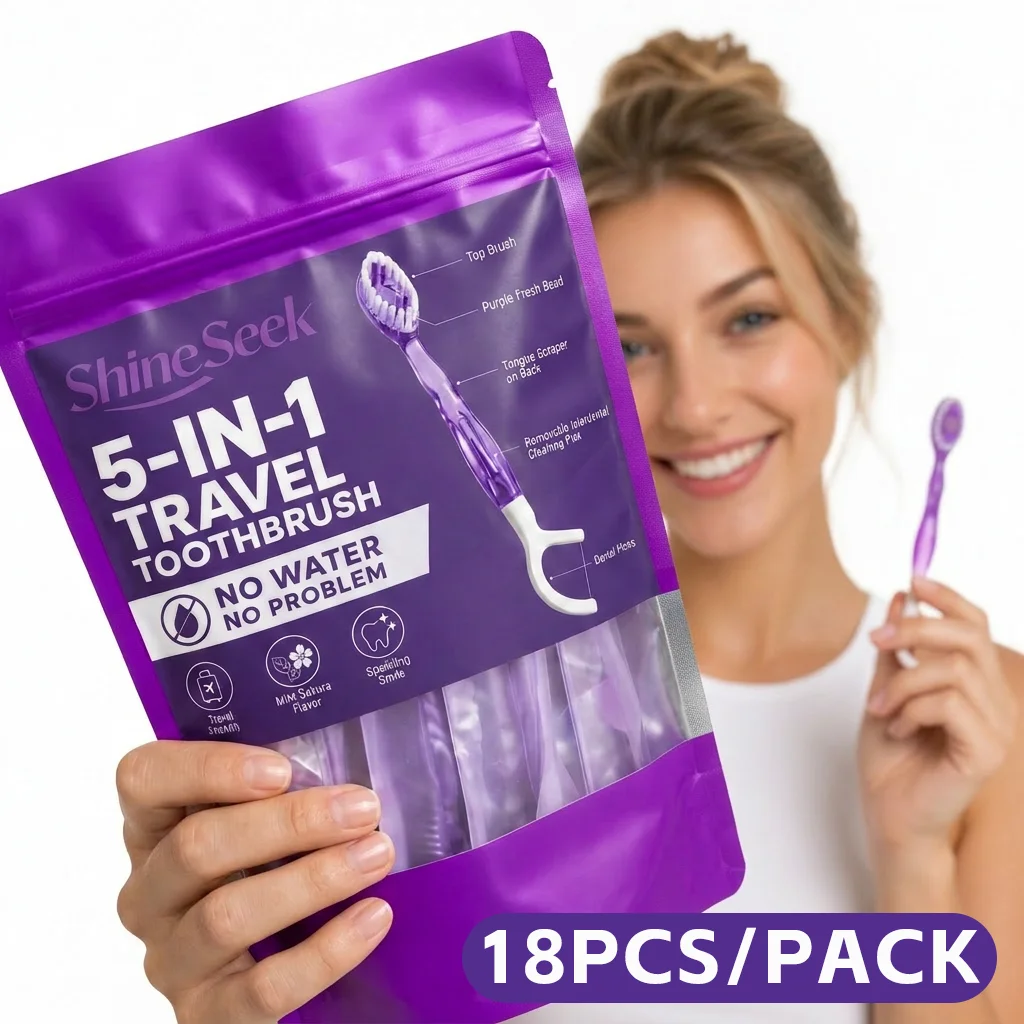 18pcs 5-in-1 Travel Toothbrush Set, Mint Cherry Blossom, Purple Fresh Beads, Dental Floss, Interdental Sticks, Tongue Scraper