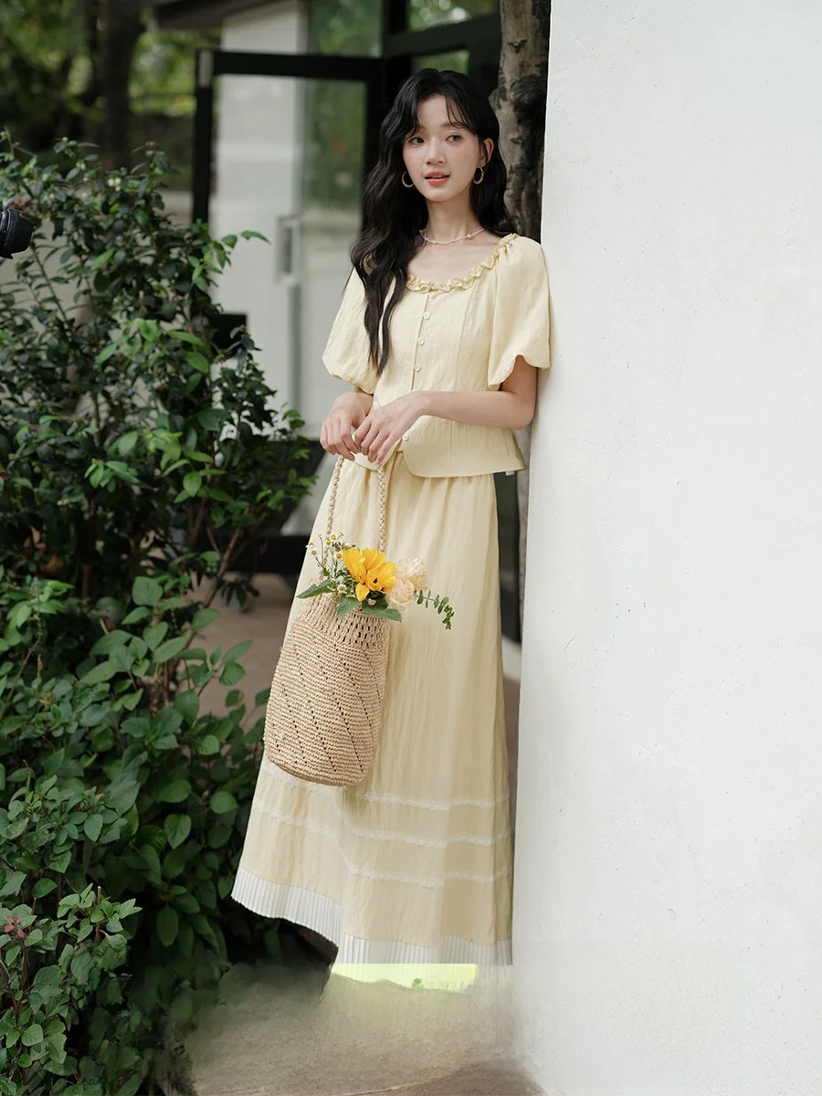 

Желтый элегантный топ с рукавами-фонариками и юбка-миди: летний красивый комплект для женщин, модный винтажный легкий наряд в деревенском стиле