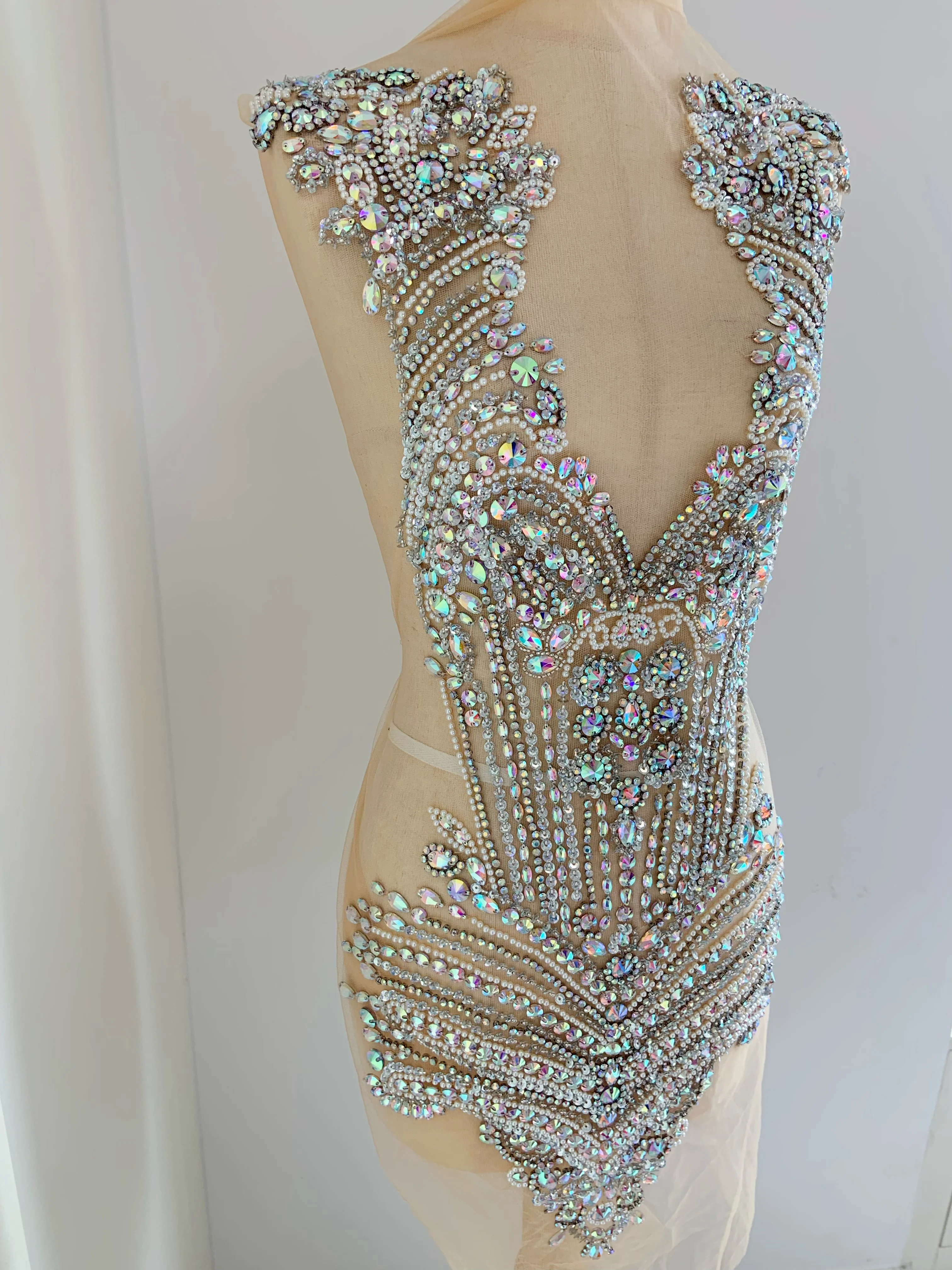 

Цельный большой серебряный AB аппликация со стразами и бриллиантами, бисер, лиф, нашивка для бального платья с V-образным вырезом, свадебное платье, зеленая мода от кутюр