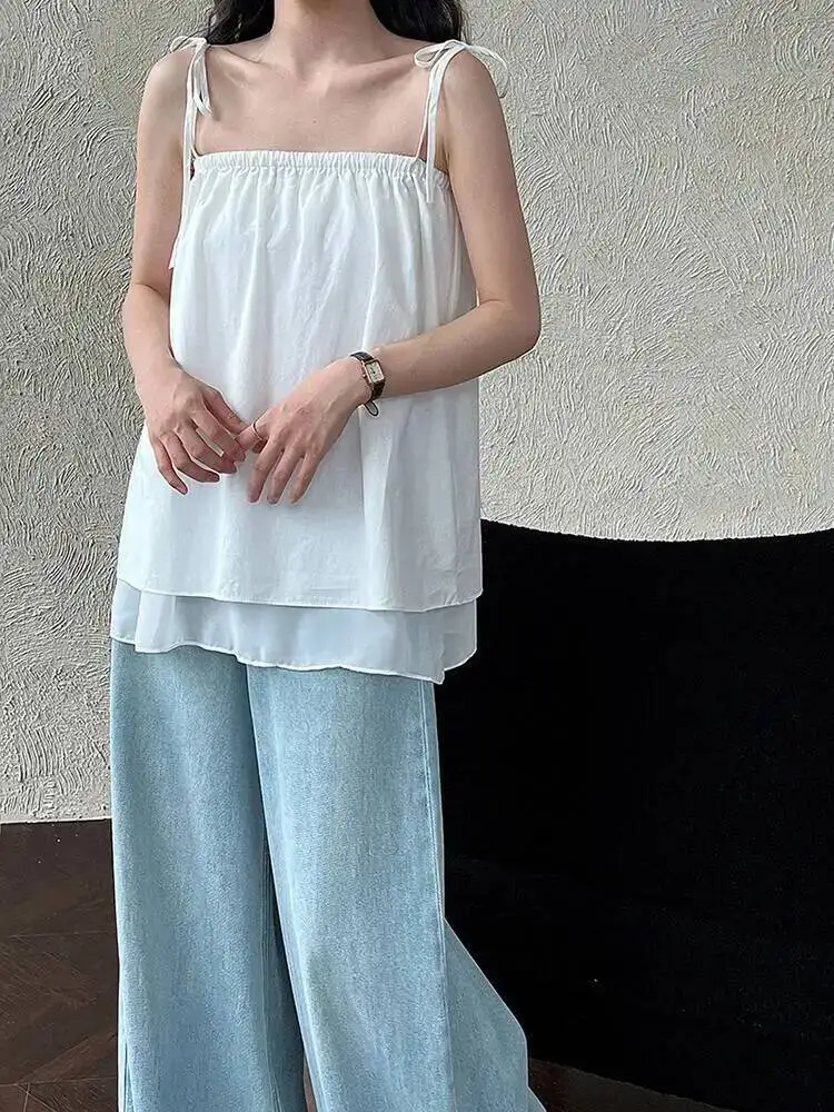 

Women Black Mesh Bandage Tank Tops New Square Collar Sleeveless Personality Fashion Tide Spring Summer