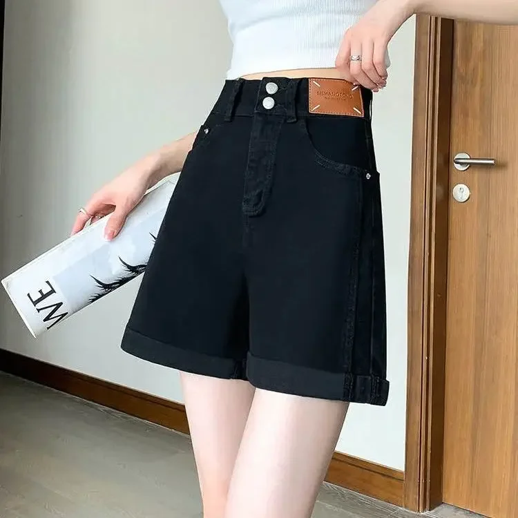 

Summer Plus Size Women's Jeans Shorts for Women Large Size Solid Color Pocket Cotton Denim A-shaped Straight Tube Shorts A716