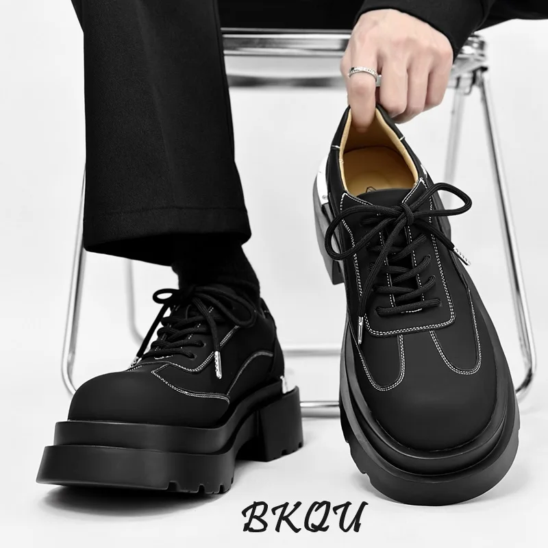 

BKQU Men's Derby Shoes 2024 Autumn New Ins Thick Soles All The Way Up Casual Big Head Original Business Casual Leather Shoes