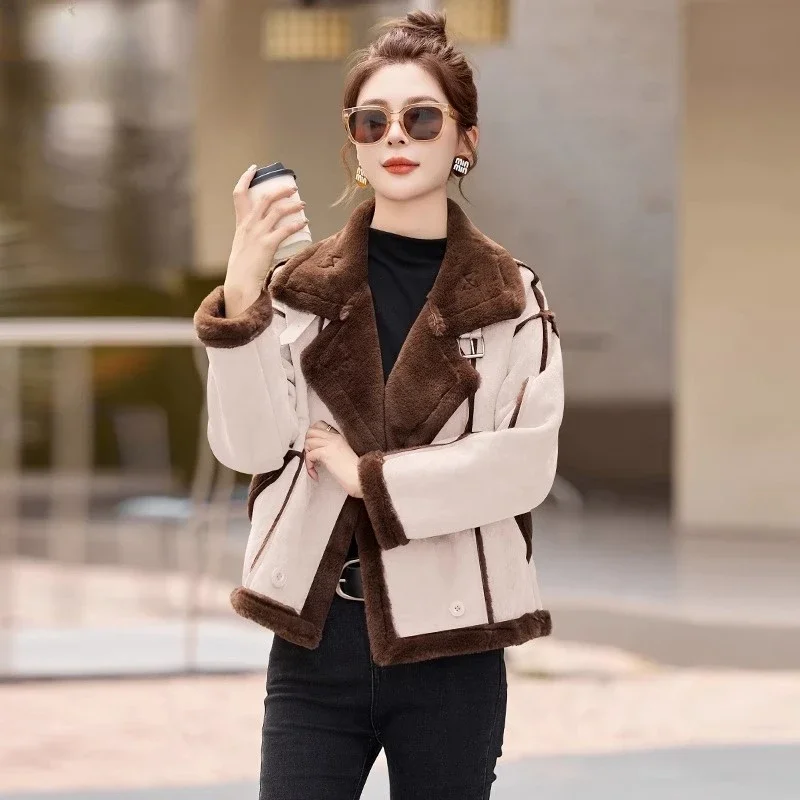 UNXX Shearling Moto Jacket for Women Female Office Lady 2024 Winter Fleece-Lined Short Slim-Fit Style High Quality Fashionable