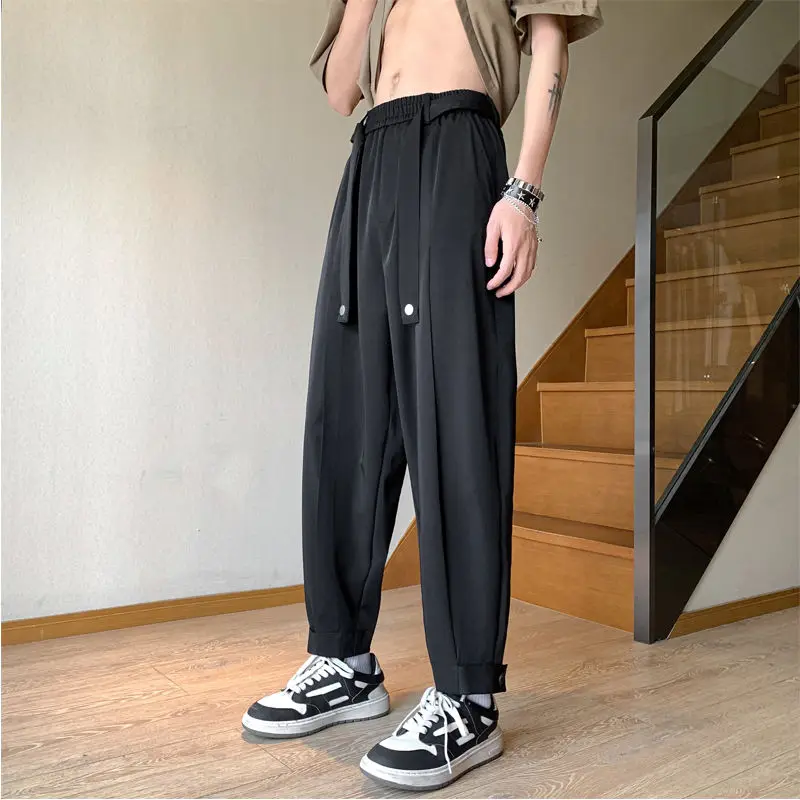 

Ice Silk Wide Leg Men's 9 Cropped Suits Pants Cooling Baggy Male Suit Trousers Chinese Homme Slacks Work Wear Elegant Clothing