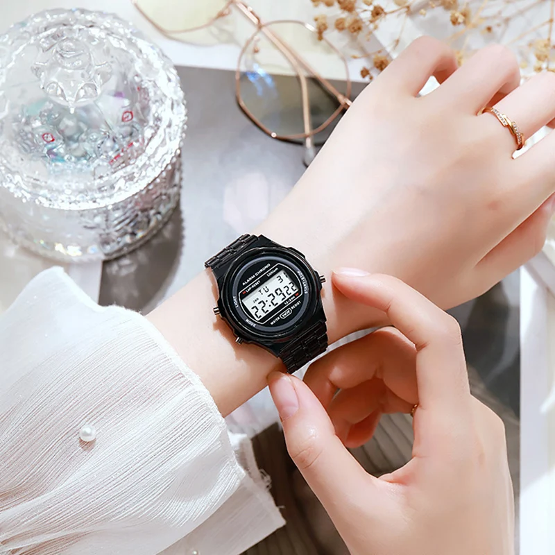 Women Casual LED Electronic Watch Retro Stainless Steel Men Women Unisex LED Digital Watch Multifunction Waterproof Wristwatch