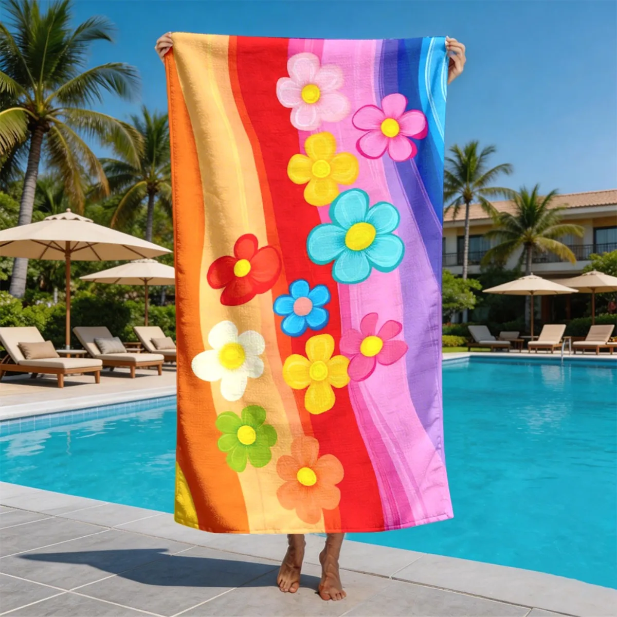 Rainbow Wave Flower Theme polyester microfiber beach towel is highly absorbent, suitable for swimming and beach outings
