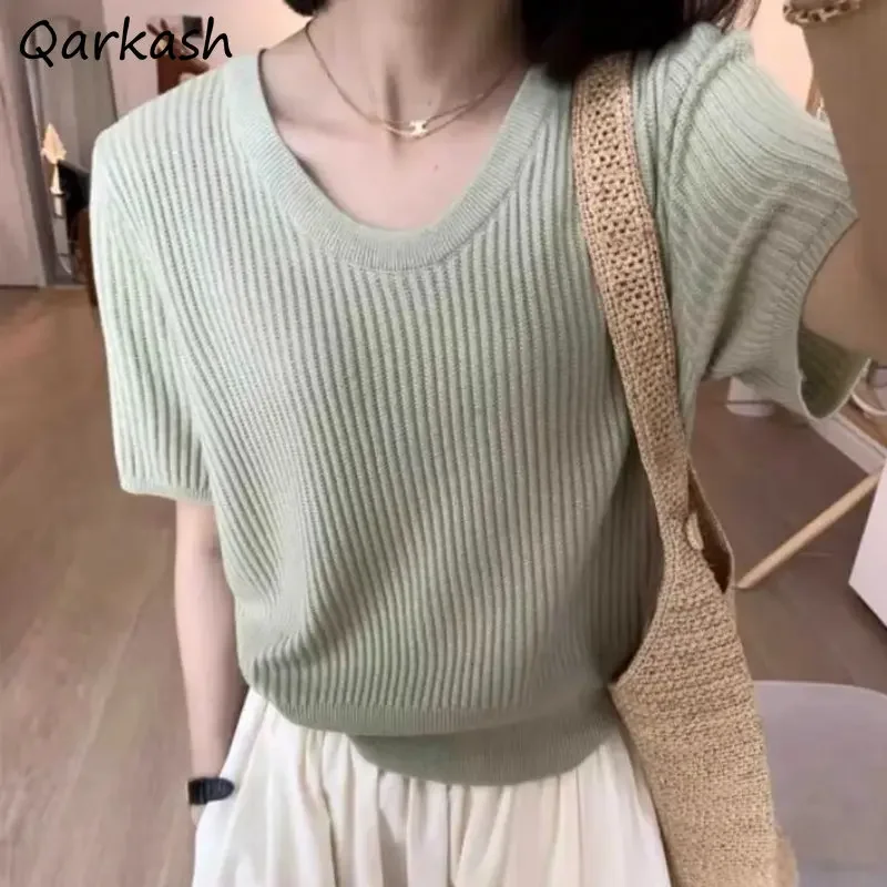 

Вязаные футболки женские летние свободные топы с круглым вырезом Harajuku Chic повседневные универсальные нежные базовые корейский стиль модная одежда мягкая