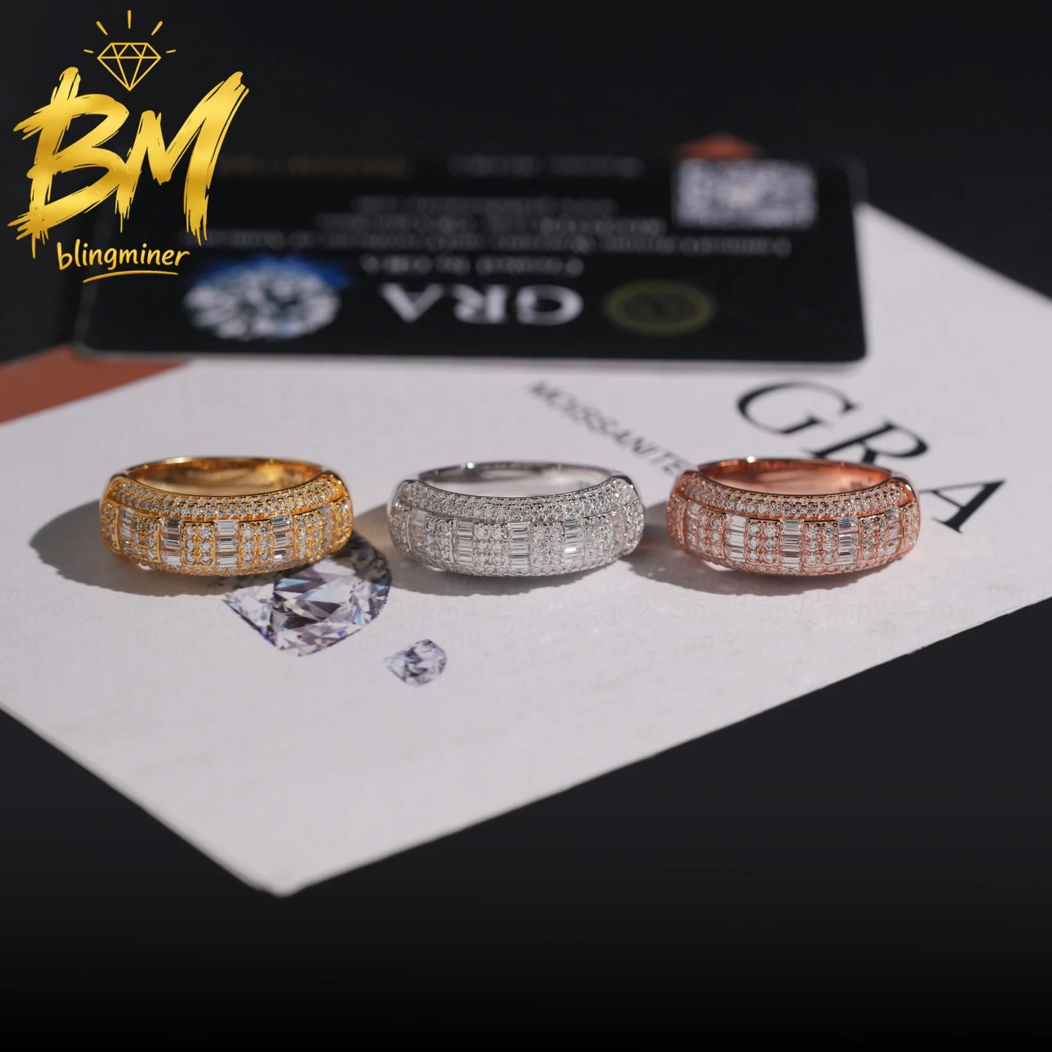 Blingminer Hip Hop Vvs Baguette S925 Silver VVS Moissanite Rings For Men Women Finger Jewelry Pass Diamonds Tester  Free Shippin