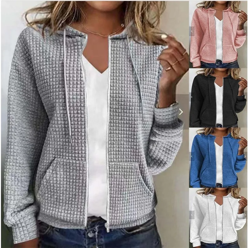 Women Solid Wfle Textured Zip Up Hoodie Loose Long Sleeve Pocket Casual Outerwear Sweatshirt