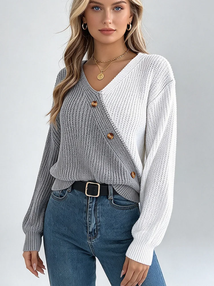 new Fashion Splicing Long Sleeve Women Sweater Autumn Winter V-neck Buttons Jumper Pullover Tops casual Loose Knitted Sweaters