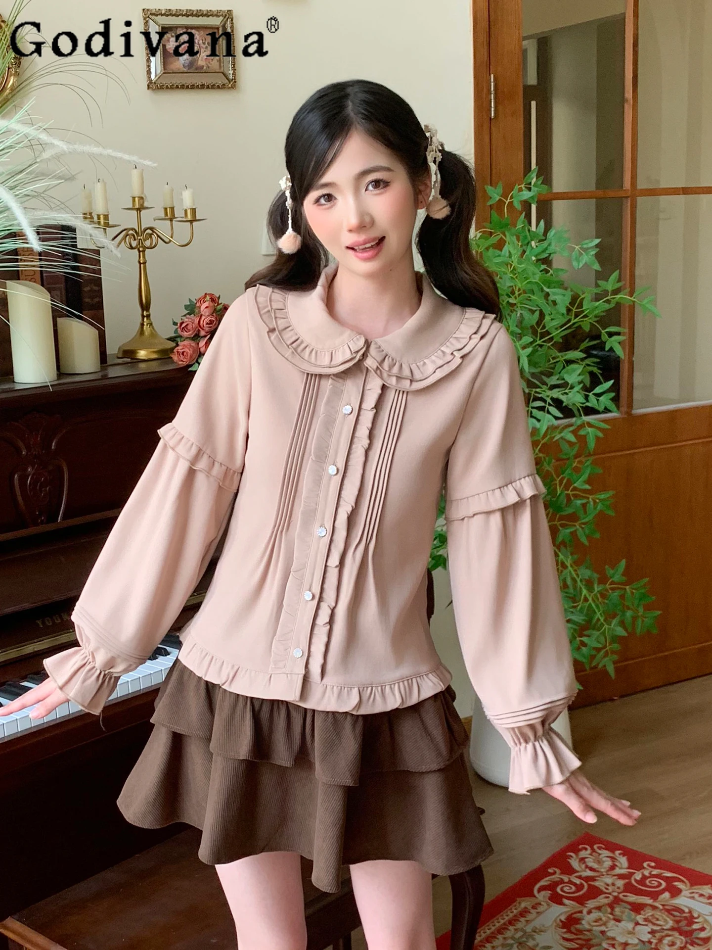 الخريف الحلو فتاة لينة اليابانية الأصلية لوليتا الداخلية طبقة مزدوجة دمية طوق فستان القوس كم طويل قاعدة قميص المرأة الأعلى