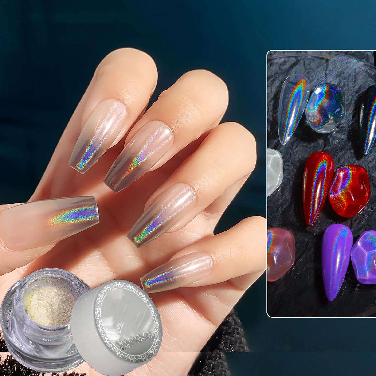 ผงเลเซอร์สีขาวอเนกประสงค์ ผงกลิตเตอร์เล็บเปลี่ยนสีแบบออพติคอล ผงกลิตเตอร์เล็บโฮโลแกรมเงาสูง สีสำหรับตกแต่งเล็บ