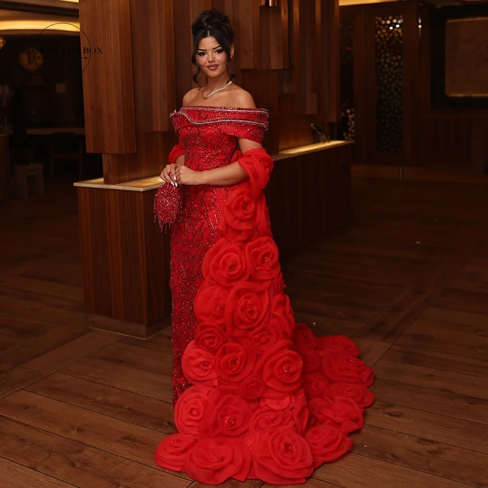 

ROSEINTHEBOX Customized Off Shouler Luxury Evening Dresses with 3d Flowers Red Lace Sequin فساتين سهرة Formal Gowns