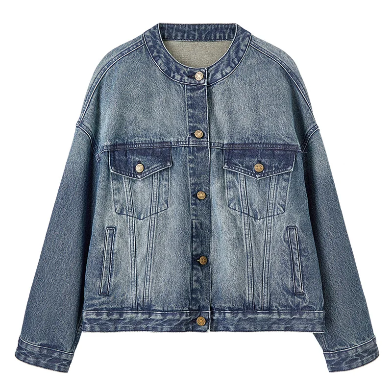 SENTUBILA Women's Short Denim Jacket 2025 Autumn Hip-hop Style Loose Round Neck Cotton 100% Cropped Jean Jacket W41W53220