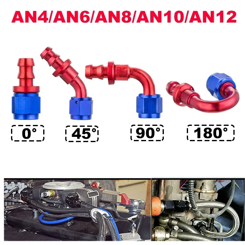 AN4/6/8/10/12 0/45/90/180Degree Push-on Lock Hose End Push Lock Barb Hose Fitting End Oil Fuel Line Fitting for Rubber Fuel Line