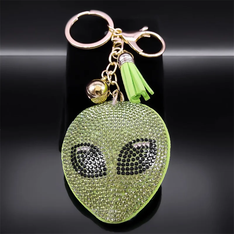 Alien Head Crystal Keychain for Women Men Green Tassel Gold Color Keyring Holder Car Bag Accessories Decorations Jewelry 8731