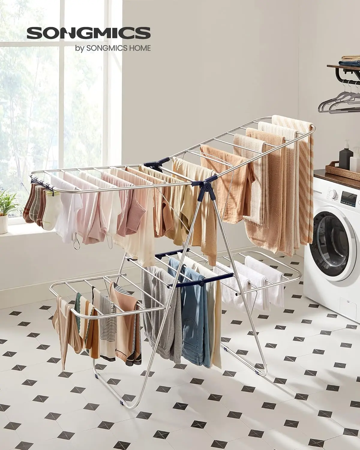 Free-Standing Large Drying Rack, with Height-Adjustable Wings, 33 Drying Rails, Sock Clips, Silver and Blue ULLR53BU