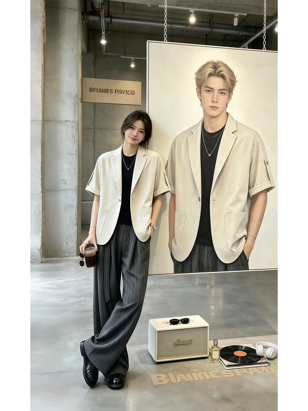 Men's Commute Casual Two-Piece Suit Short Sleeve Wide Leg Pants Loose Fit Summer High Sensation Commuting Outfit Ensemble