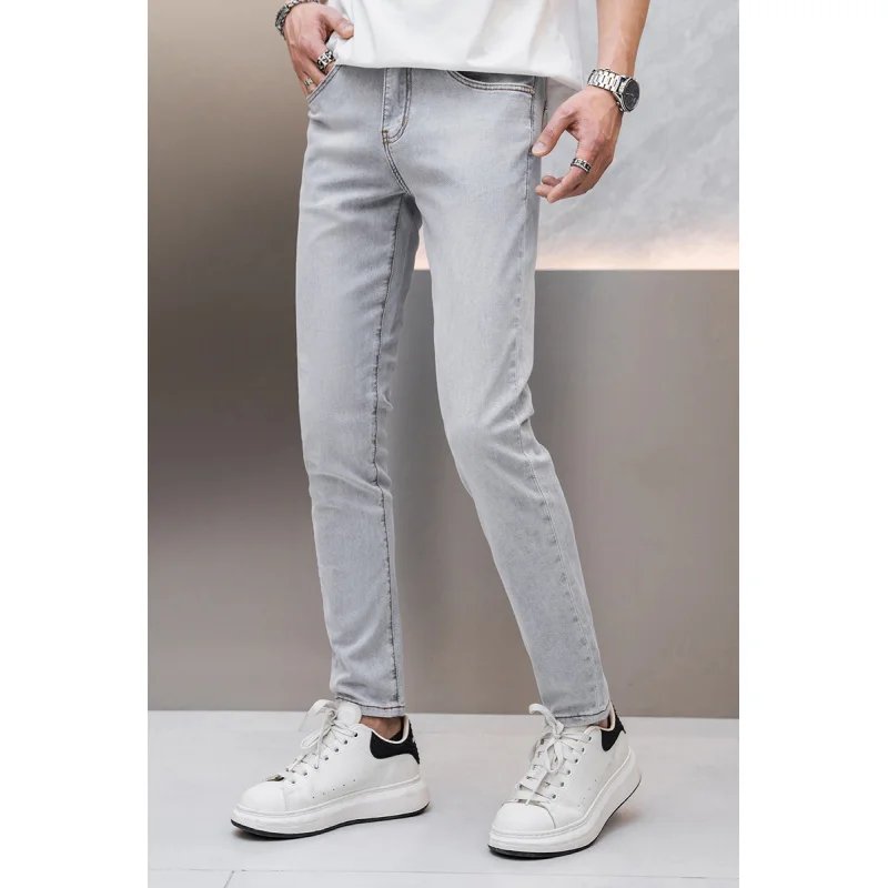 Light Gray Summer Jeans Men's Fashionable Simple High-End Quality Men's Stretch Slim Thin Light Luxury Trousers