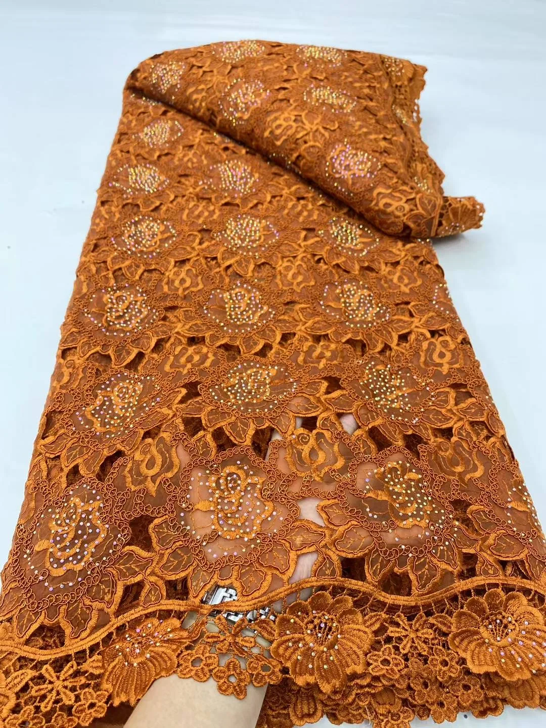 

2025 High Quality African Nigerian With Tulle Sewing Lace Fabric Guipure Embroidery Dresses Sequins Beads Stone 5yards DP0417