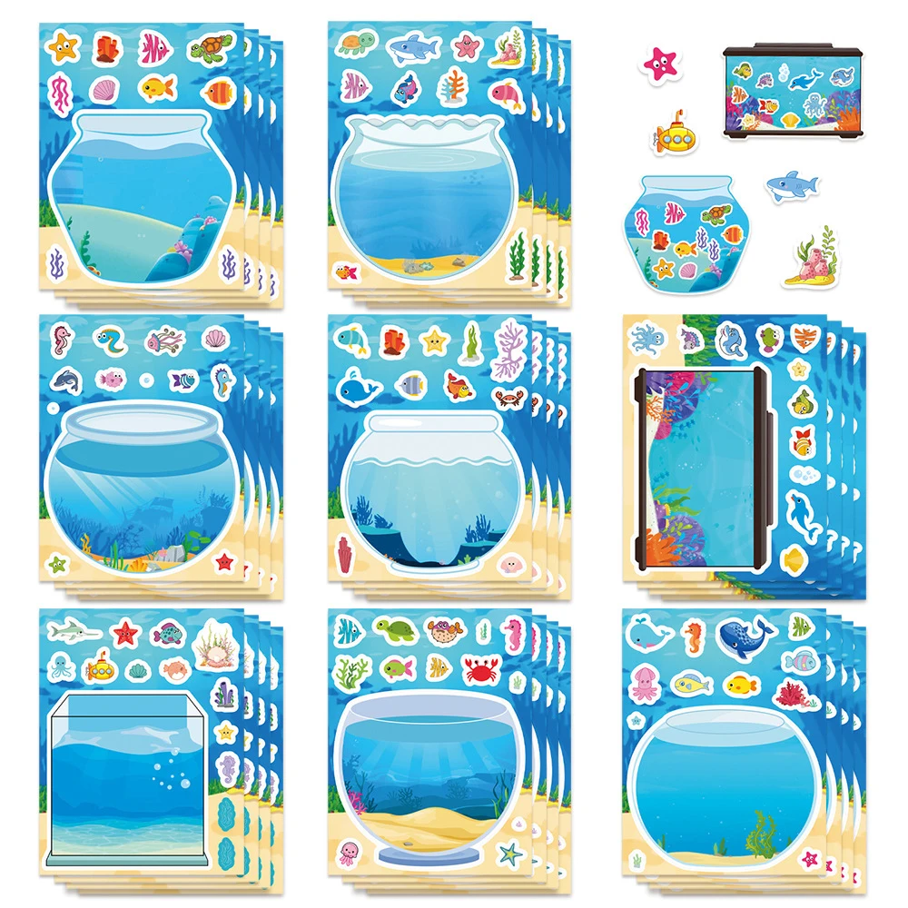 8/16 Blatt Cartoon Glücksfisch-Aquarium-Puzzle-Aufkleber, Niedliche Meerestiere, Kreative DIY-Aufkleber für Gitarre, Laptop, Gepäck, Dekoration, Spielzeug