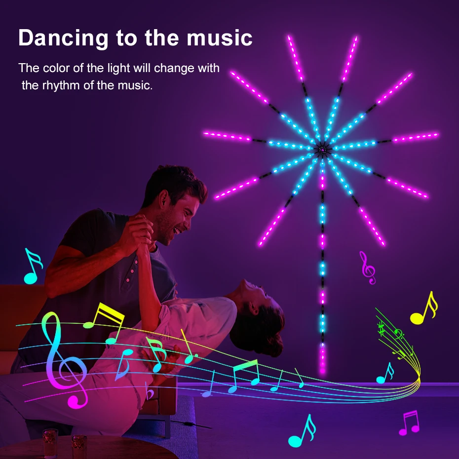 Kembang api lampu setrip LED RGBIC peri USB Bluetooth Remote Control lampu kembang api untuk dekorasi pesta pernikahan