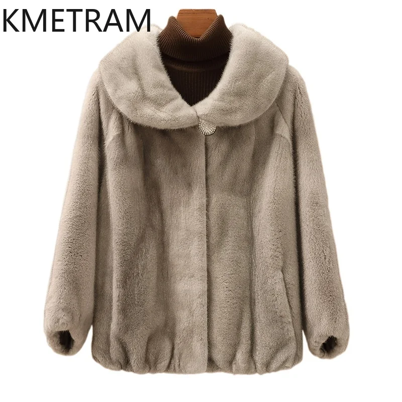 KMETRAM 100% 천연 밍크 퍼 재킷 여성용 럭셔리 라펠 숏 그레이 리얼 퍼 코트 겨울 외투 여성 의류