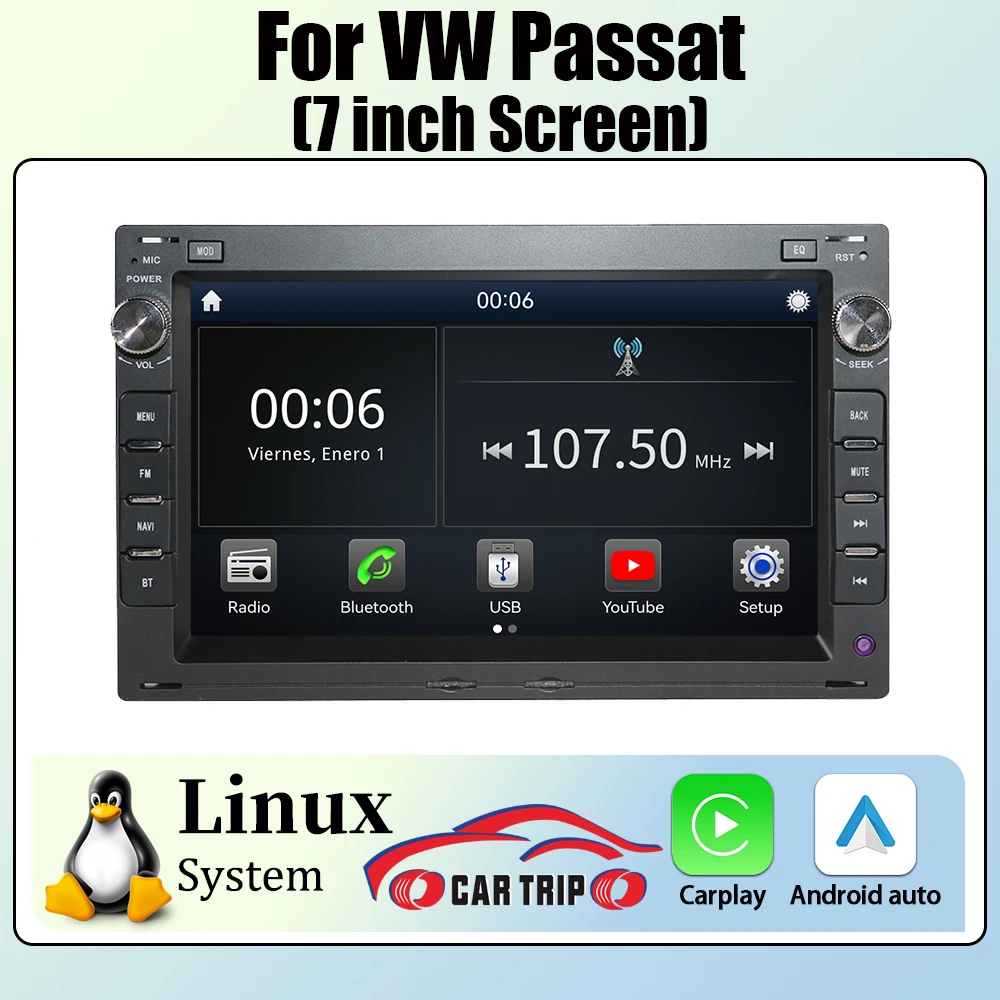 Radio Multimedia para Auto con Sistema Android y Carplay, Pantalla de 7'' y 2 DIN, Compatible con VW PASSAT B5 MK4 MK5 SHARAN Jetta Bora Polo TRANSPORT T5 CITI CHICO