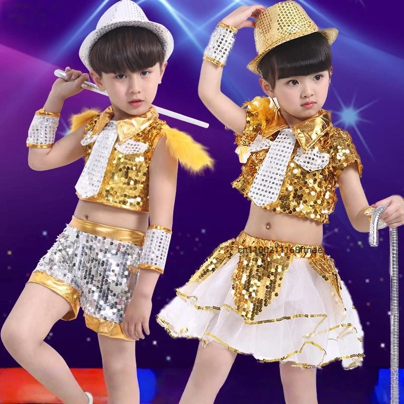 Trajes infantis de performance de dança jazz, lantejoulas ecológicas para meninos e meninas, dança moderna de rua