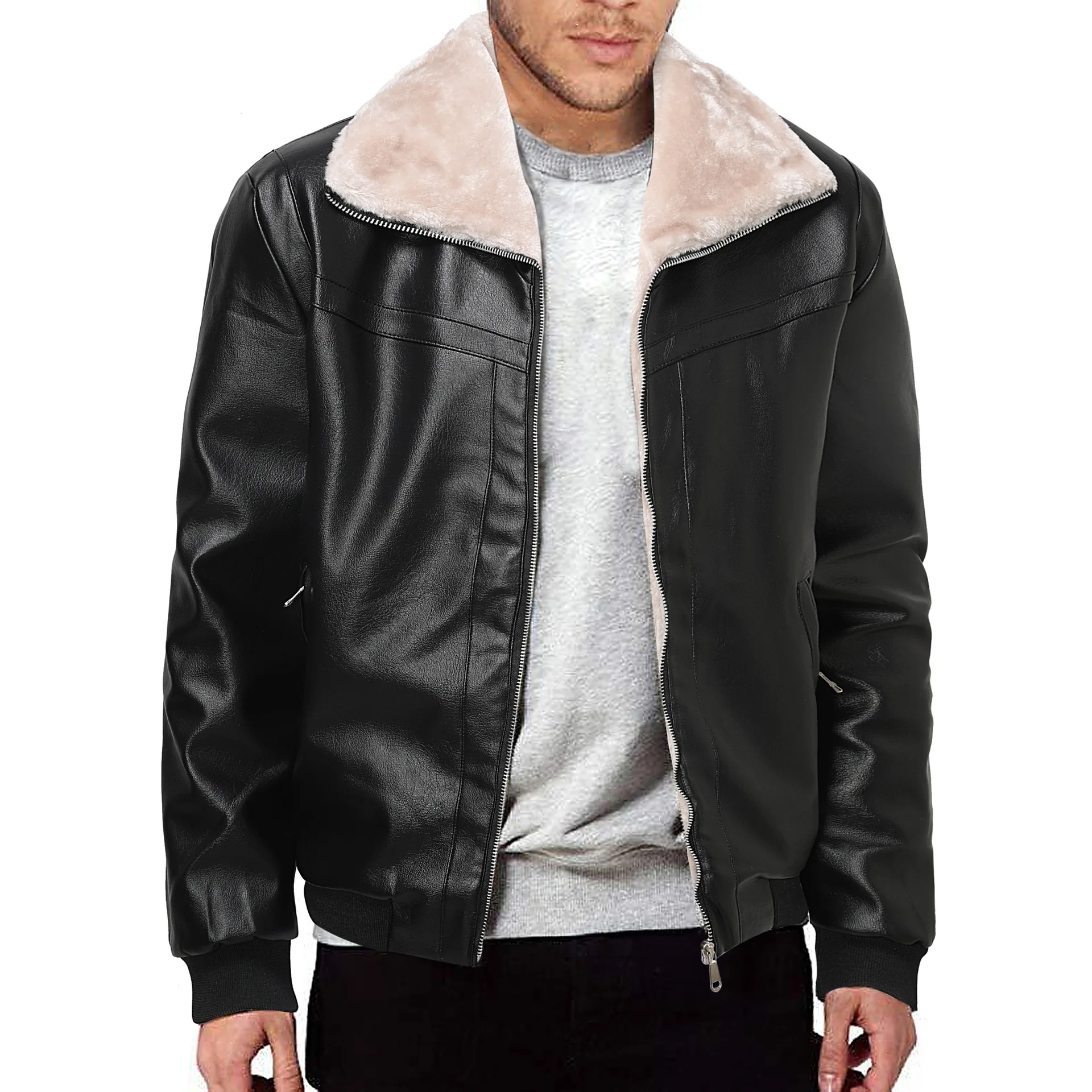 

Pu Leather Coat Men Lapel Jacket Zipper Y2K Autumn Men Fleece PU Jackets Outwear Fur Integrated Velvet Keep Warm Coats