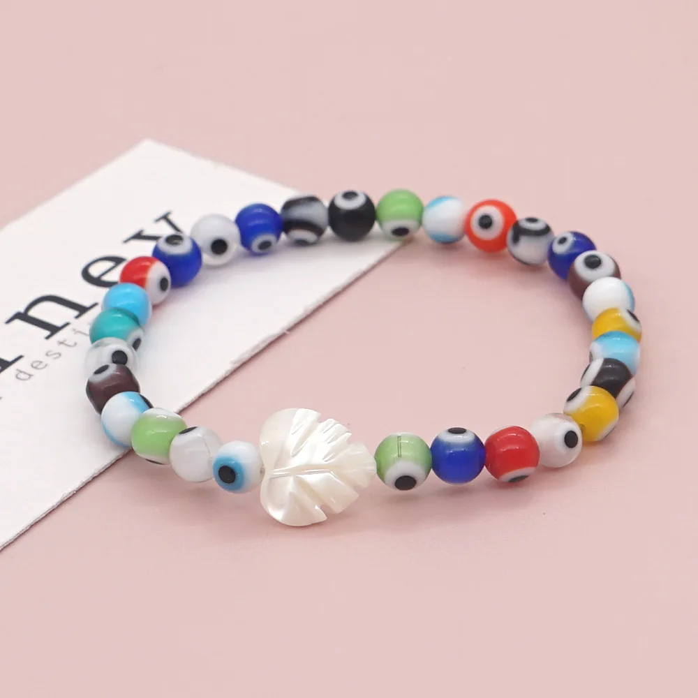 Popular Cross border Bohemian Ethnic Style Mixed Color Glass Eyes White Shell Leaves Unisex Bracelet