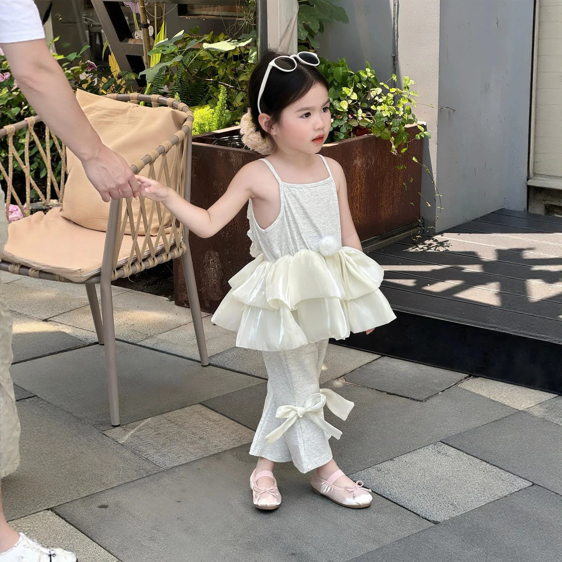 Girl Summer Double layered Lotus Leaf Edge Sweet Cartoon Cute Rabbit Ears Hairball Strap Tank Top+Bow Bellbottom Pants