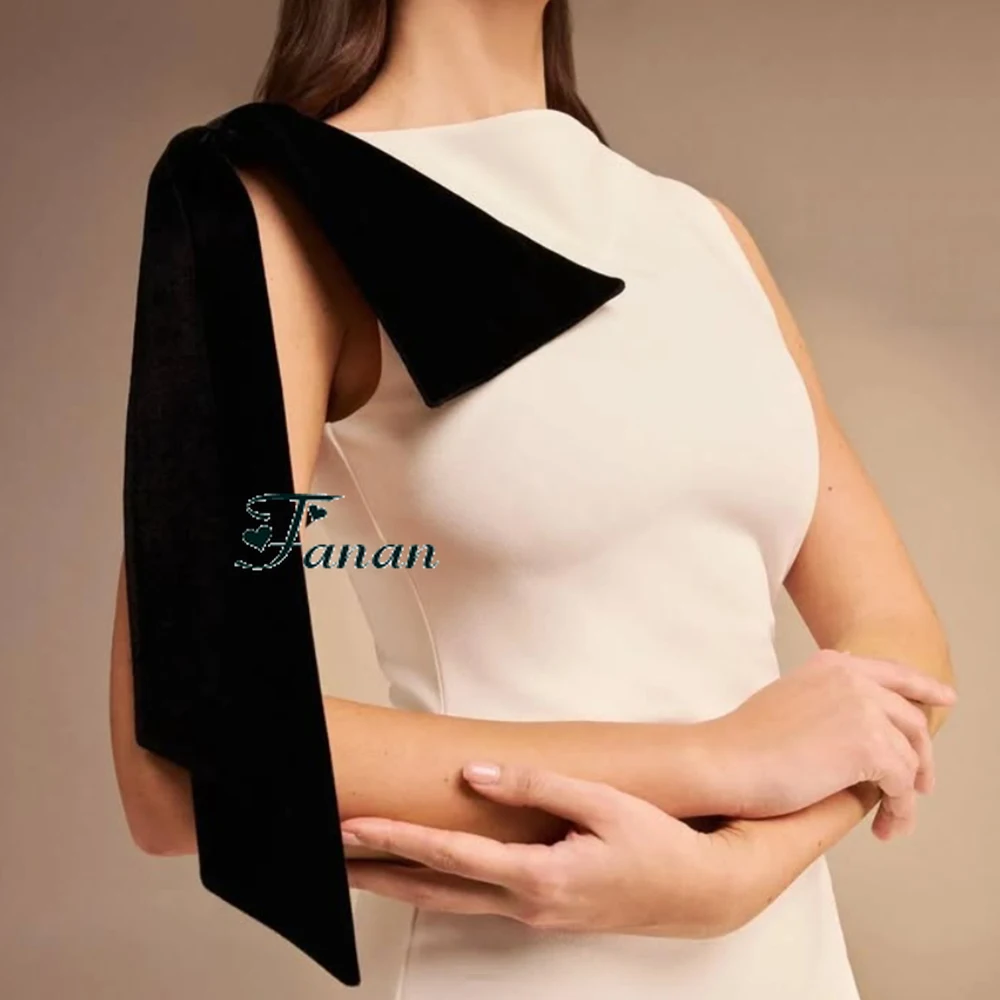 Customized White Jersey A-line O-neck Formal Evening Dress Contrast Color With Bow Sleeveless Tea-Length Party Prom Gowns