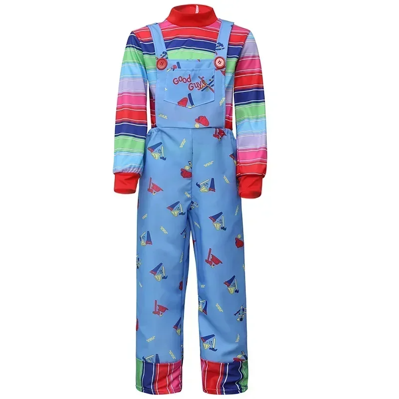 Chucky Costume Overalls for Kids Halloween Role Play Outfit with Suspenders Boys Girls Cosplay Trick or Treat Party Scar Sticker