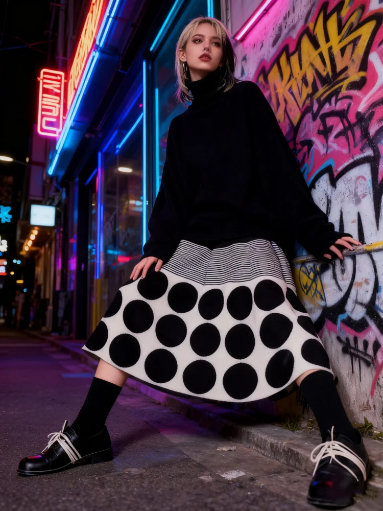 Autumn/Winter Dark Style pleated Women's Half Skirt emo Japanese Y2K Harajuku Hot Girl Polka Stripe Loose Knitted Half Skirt