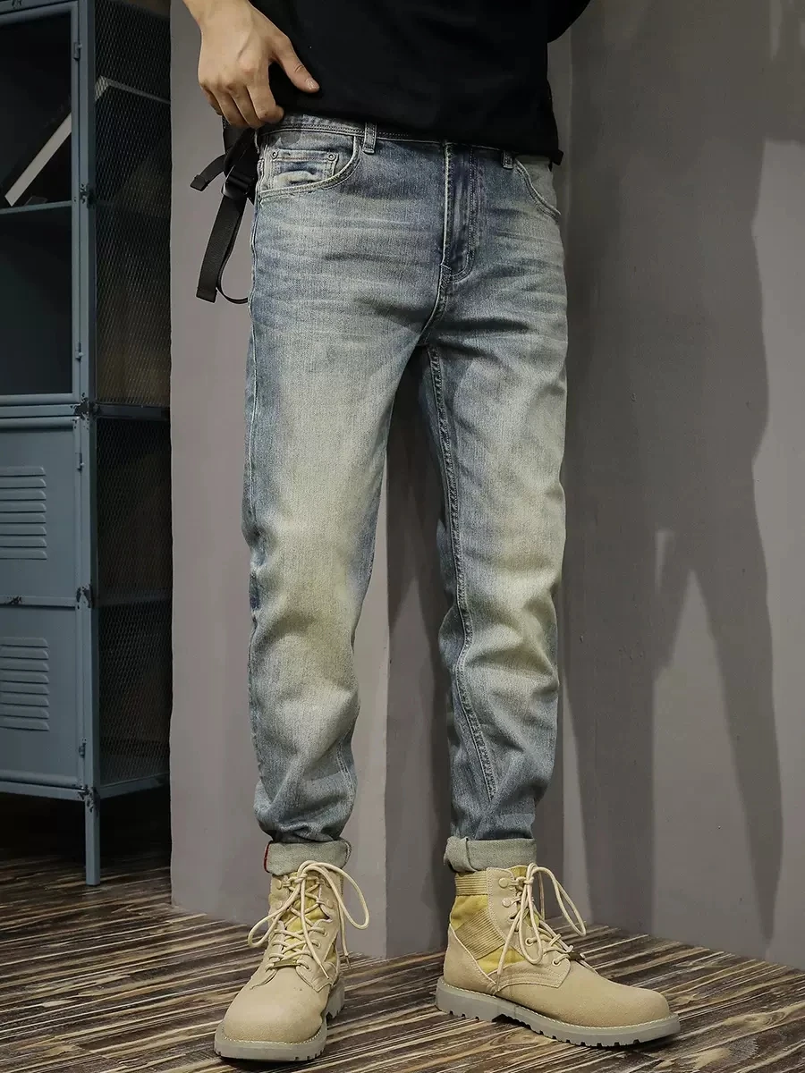 Italian Style Fashion Men Jeans High Quality Retro Blue Elastic Slim Fit Ripped Jeans Men Vintage Designer Denim Pants Hombre