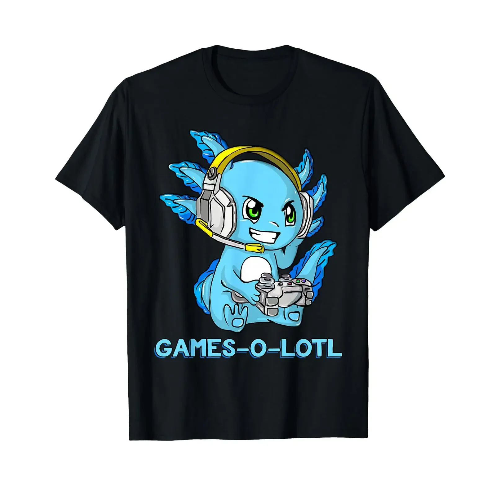 Gamesolotl Axolotl as a gamer with headset cute anime kawaii T shirt vintage Washed Slightly Casual graphic Soft Stretched