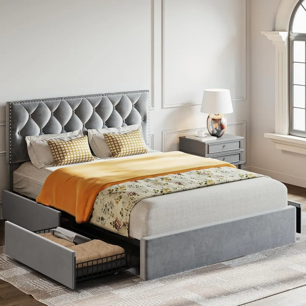 

LIKIMIO Queen Bed Frame with 4 Storage Drawers, Velvet Upholstered Headboard with Button Tufted & Rivets, Easy Assembly, No Box