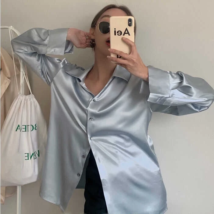 

Retro Hong Kong Sle Long Sve Satin Chiffon Women's irt Spring Autumn New Lazy Design Sense Open Cardigan Top