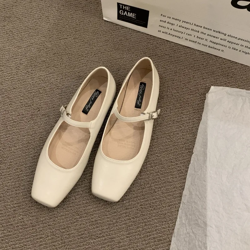 Eleganti scarpe Mary Jane con punta quadrata per donna ballerine piatte da donna in morbida pelle poco profonda mocassini con tacco basso tinta