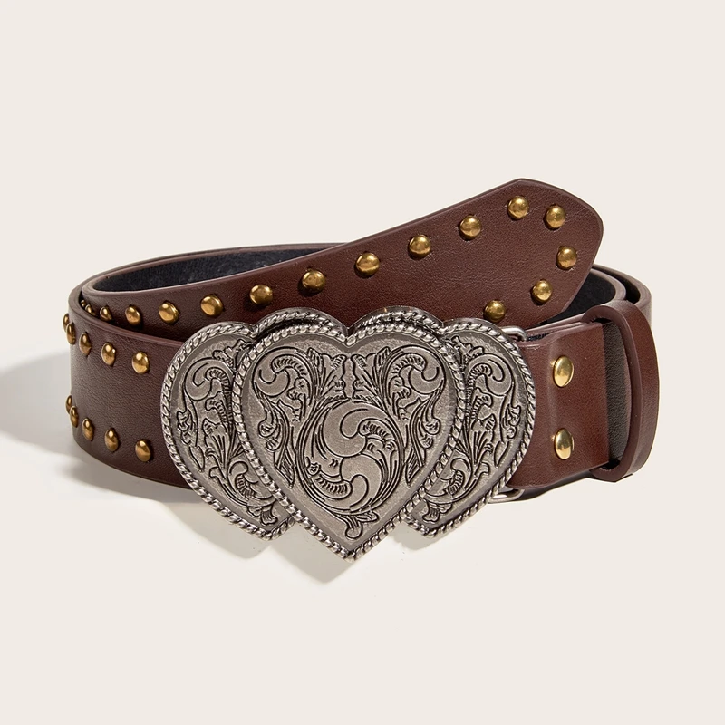 

Western Belt for Women Vintage Faux Leather Studded Belts Heart Buckle Belts for Jeans Pants Skirts Dress Retro Y2K Punk Style