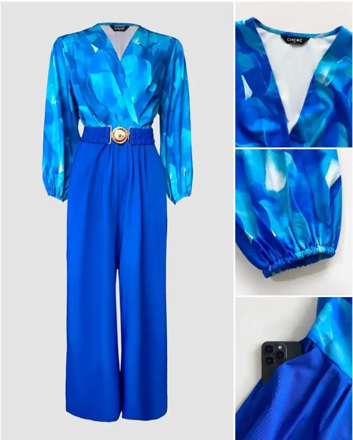 Tuta con maniche a lanterna con scollo a V increspato patchwork con stampa tie-dye blu Tuta da donna casual con elastico in vita posteriore a gamba larga con cintura
