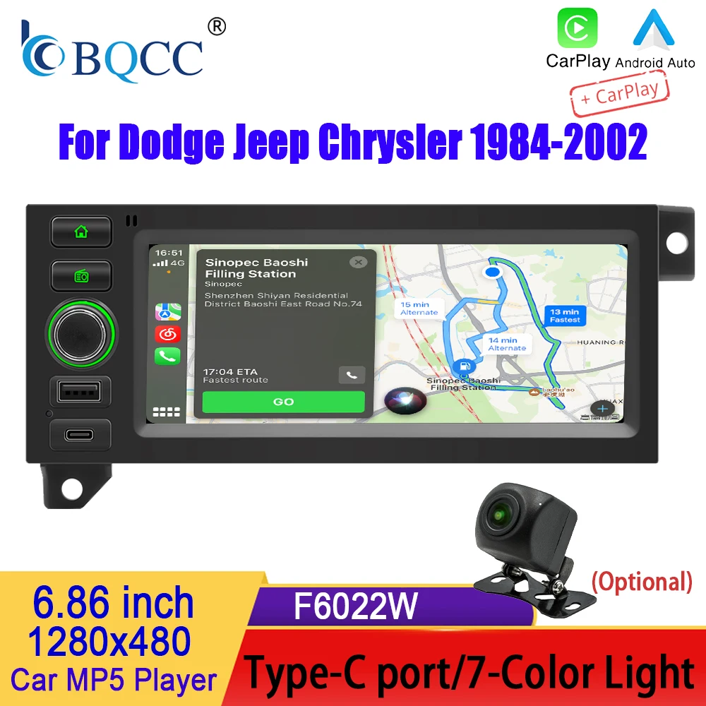 BQCC 6.86'' 1DIN Car MP5 player For Dodge Jeep Chrysler 1984-2002 CarPlay Android Auto Fast Charging Type-C 7 Color Light RDS FM