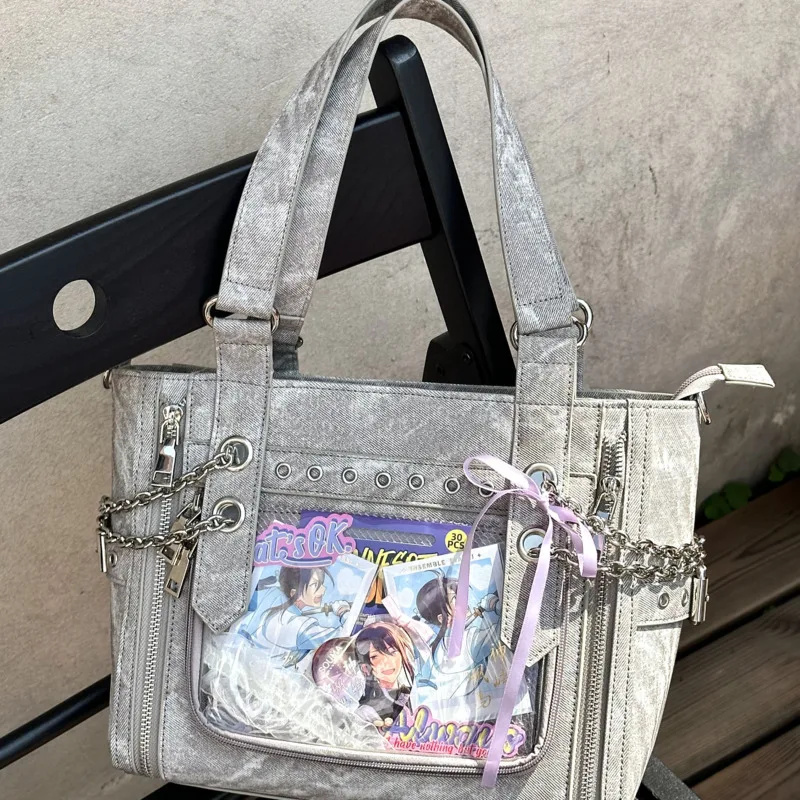 Gothic Y2K Punk Silver Denim Itabag Transparent Window Badge Display Chain Shoulder Tote Handbag Anime Girls Student Party Gift