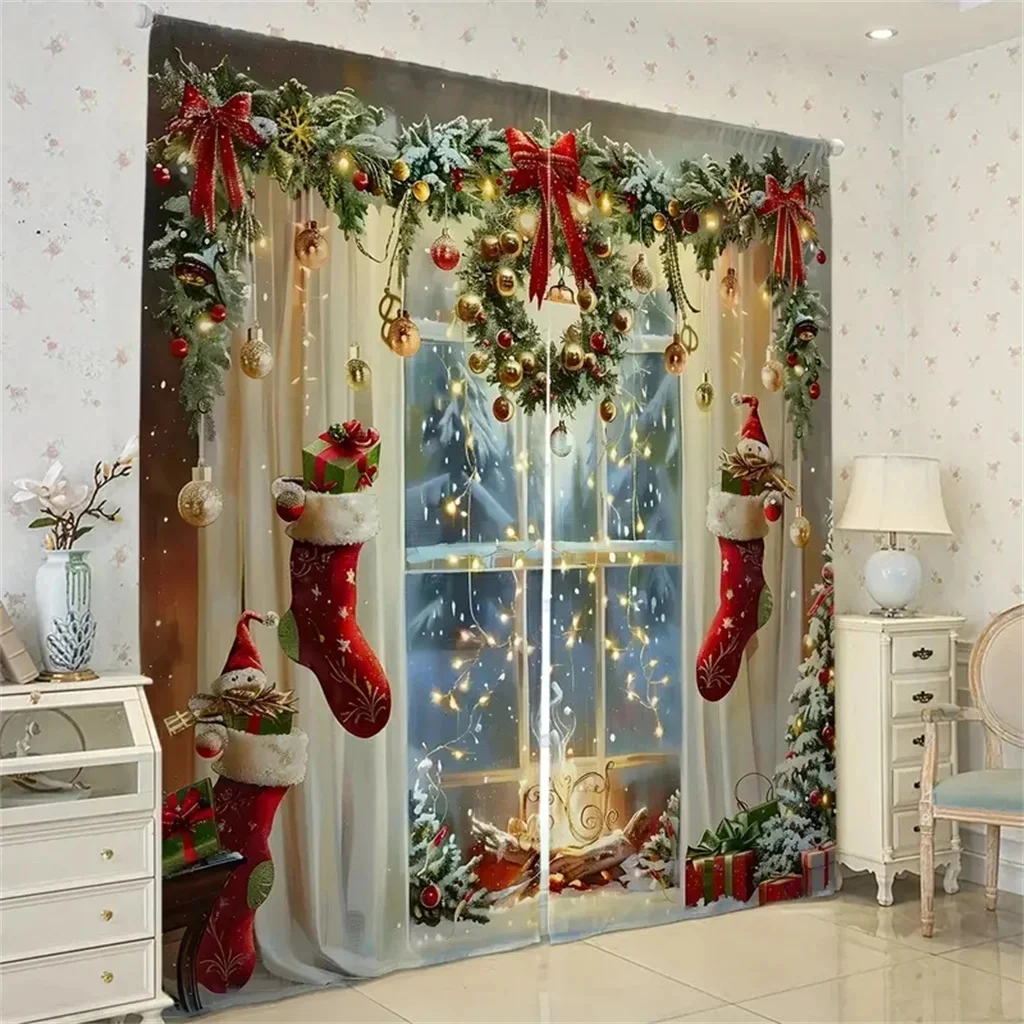 

Christmas Curtains 3D Window Scene Wreath Stocking Decor Living Room Bedroom Panels Holiday Atmosphere 2 Panels Xmas Drapes